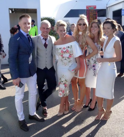 Nikki Sanderson, Nadine Rose Mulkerrin, Tamara Wall and Amanda Clapham at Grand National Ladies Day at Aintree