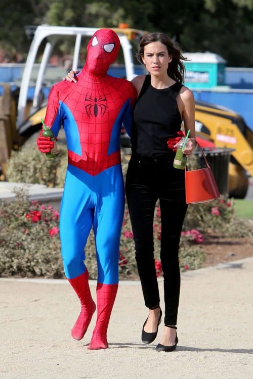 Alexa Chung with Spider-man in a Red '65 Ragtop Mustang Out Filming in Beverly Hills