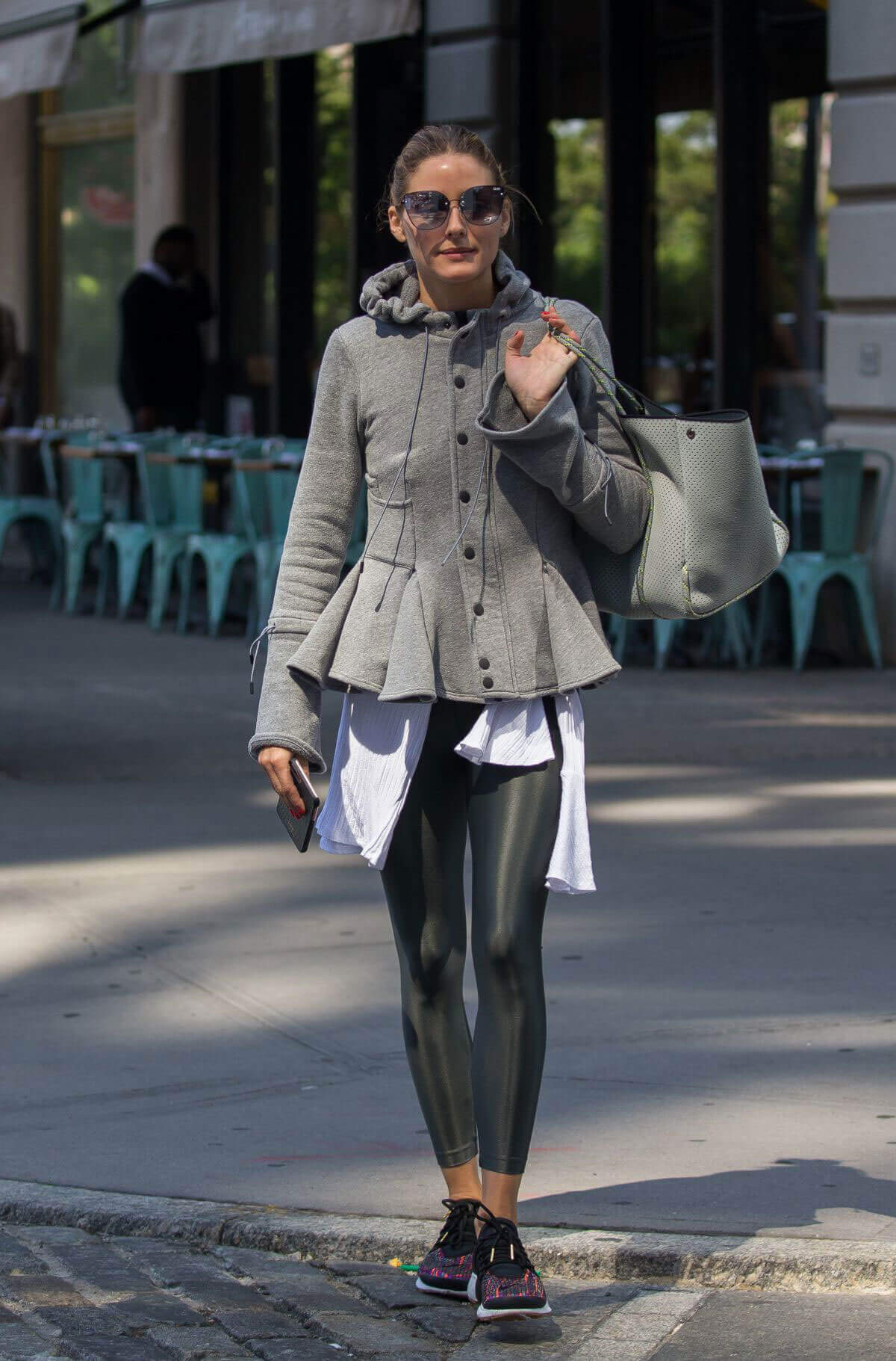 Olivia Palermo wears black tights to a gym in New York