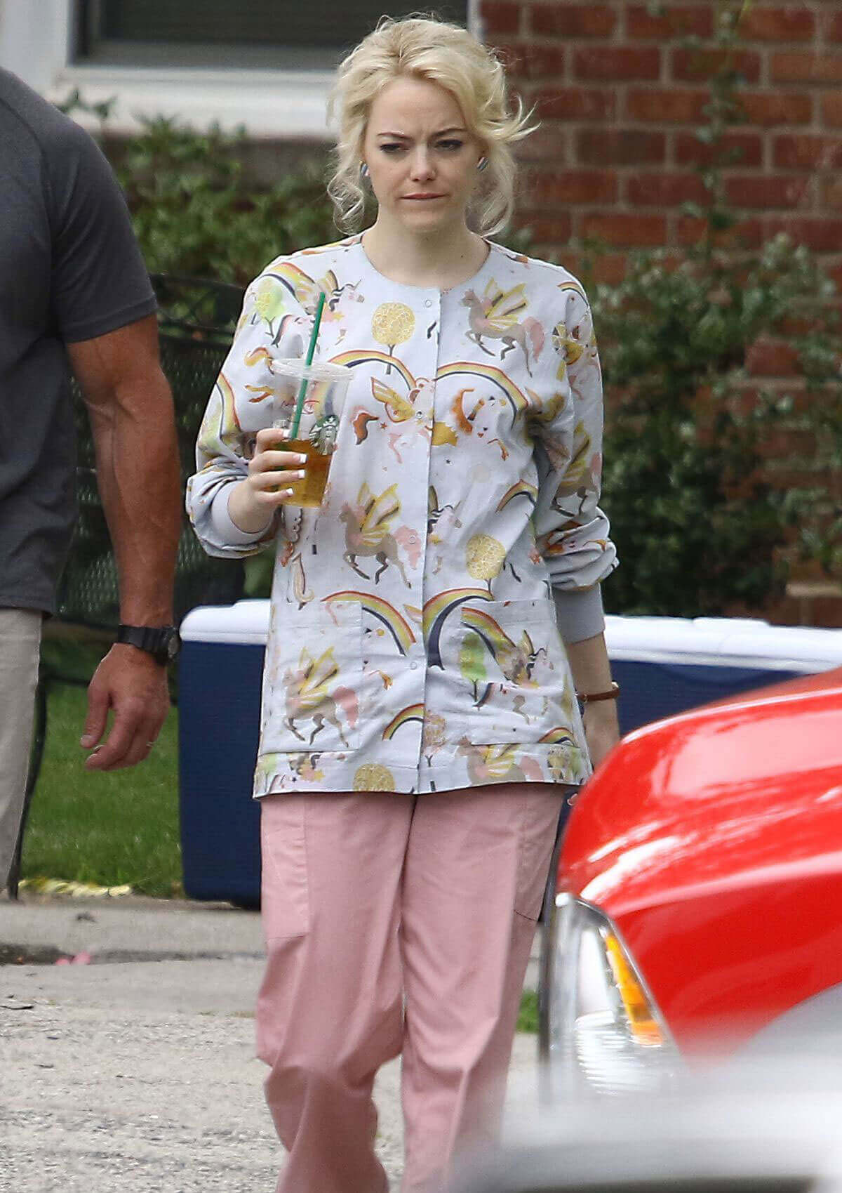 Emma Stone Stills Enjoys Iced-tea on the Maniac Set in New York