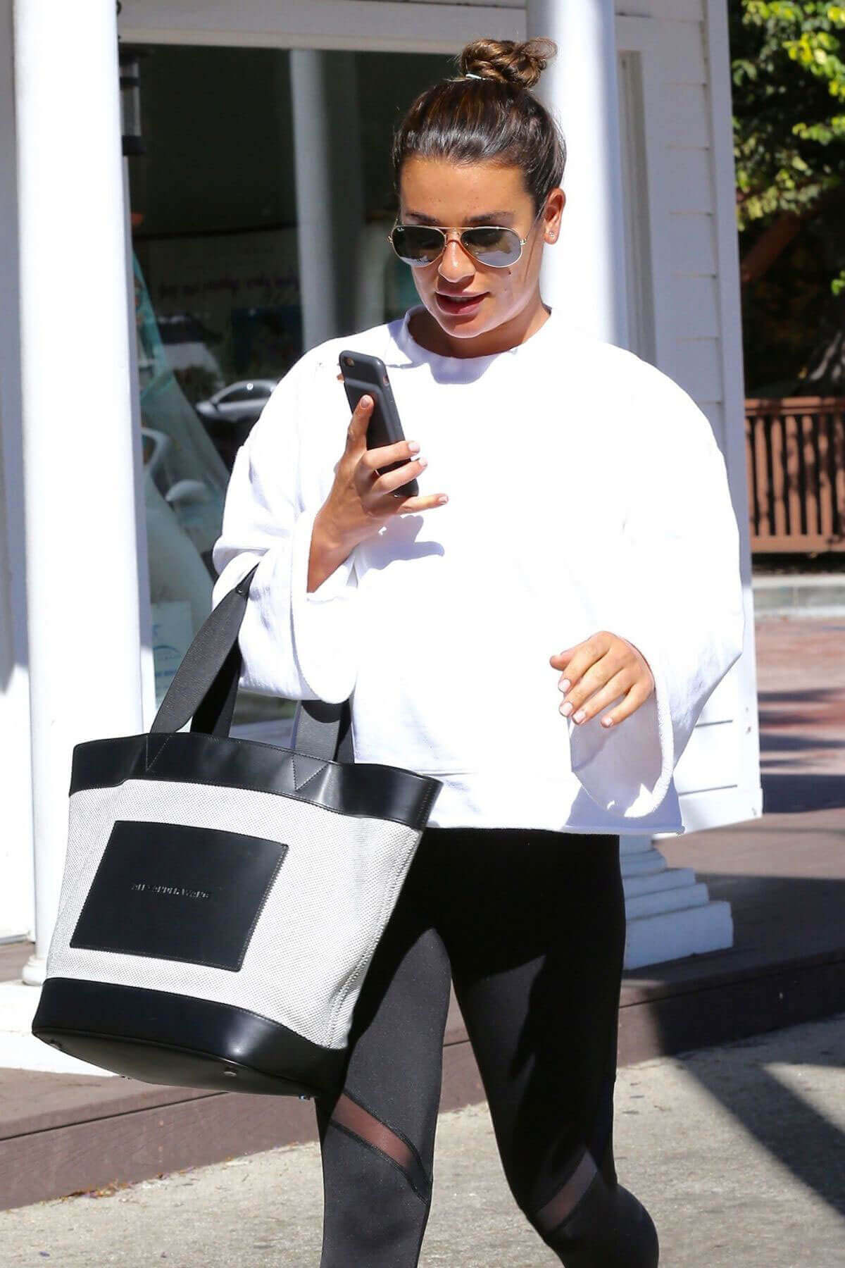 Lea Michele wears black jeggings leaves a nail salon in Studio City