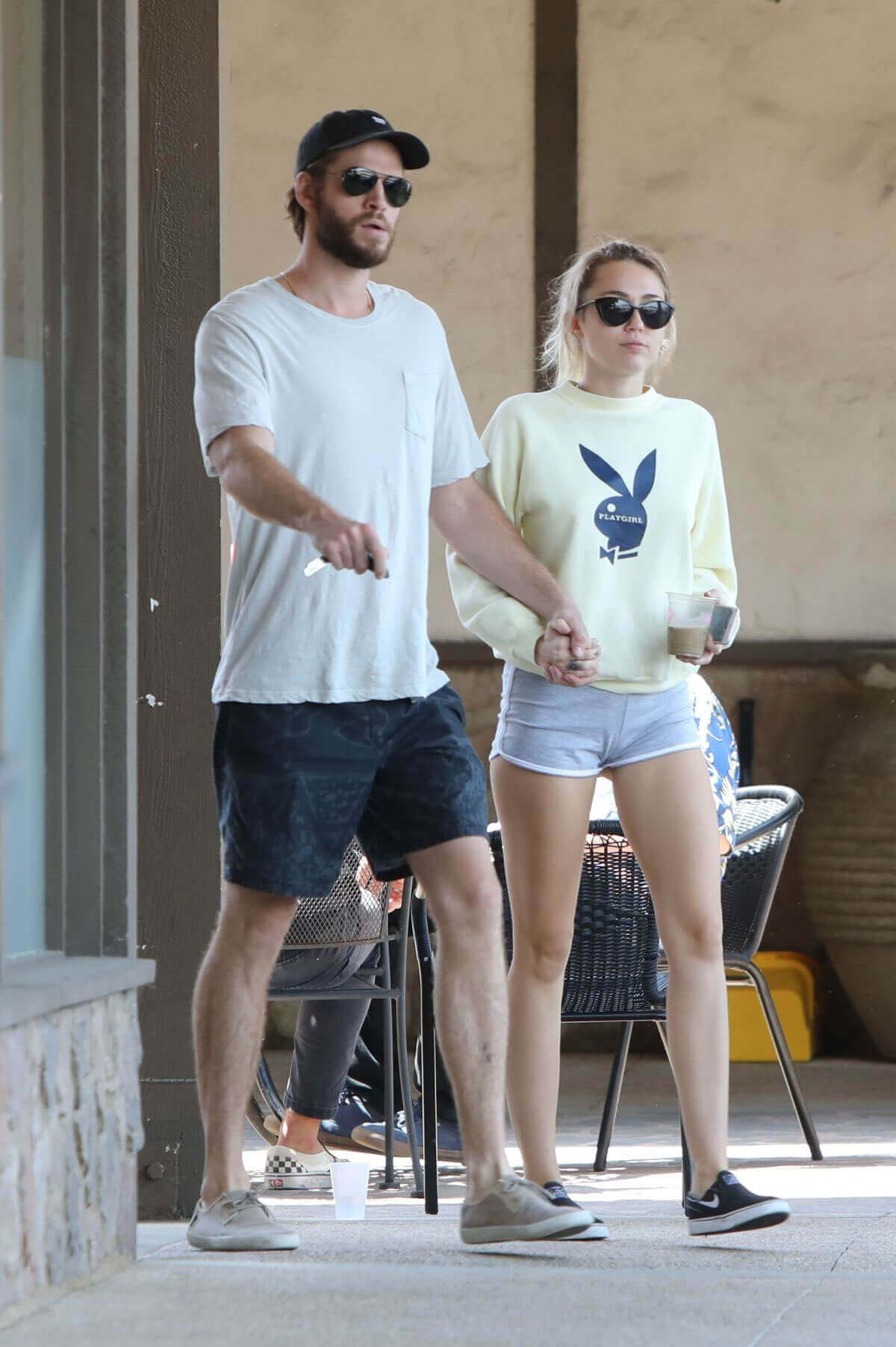 Miley Cyrus wears Playboy Top and Liam Hemsworth Out for Lunch in Malibu