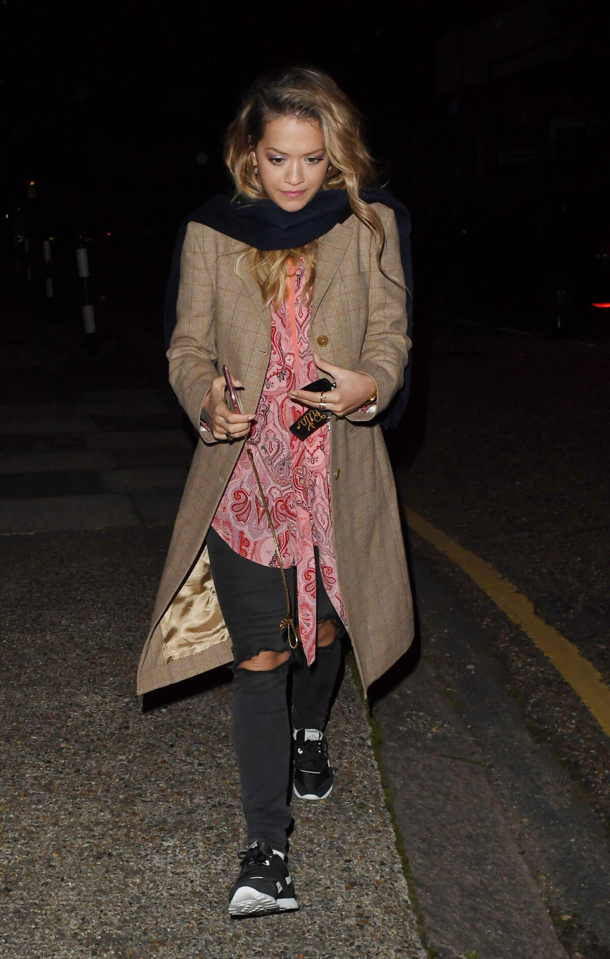 Rita Ora wears Long Jacket with Ripped Jeans Night Out in London