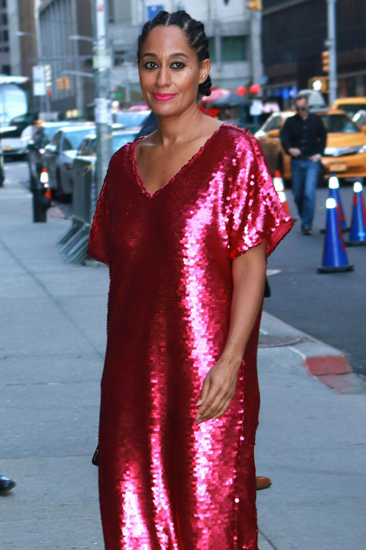 Tracee Ellis Ross wears Red Dress at Late Show with Stephen Colbert in New York