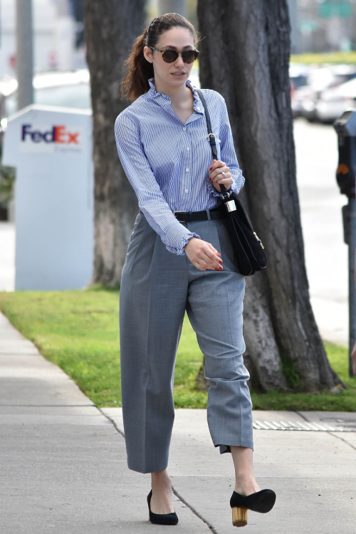 Emmy Rossum wears Shirt & Pants Outfit Out Shopping in Beverly Hills