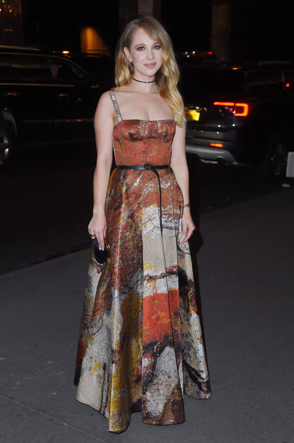 Juno Temple wears Stylish Color Long Dress Night Out in New York