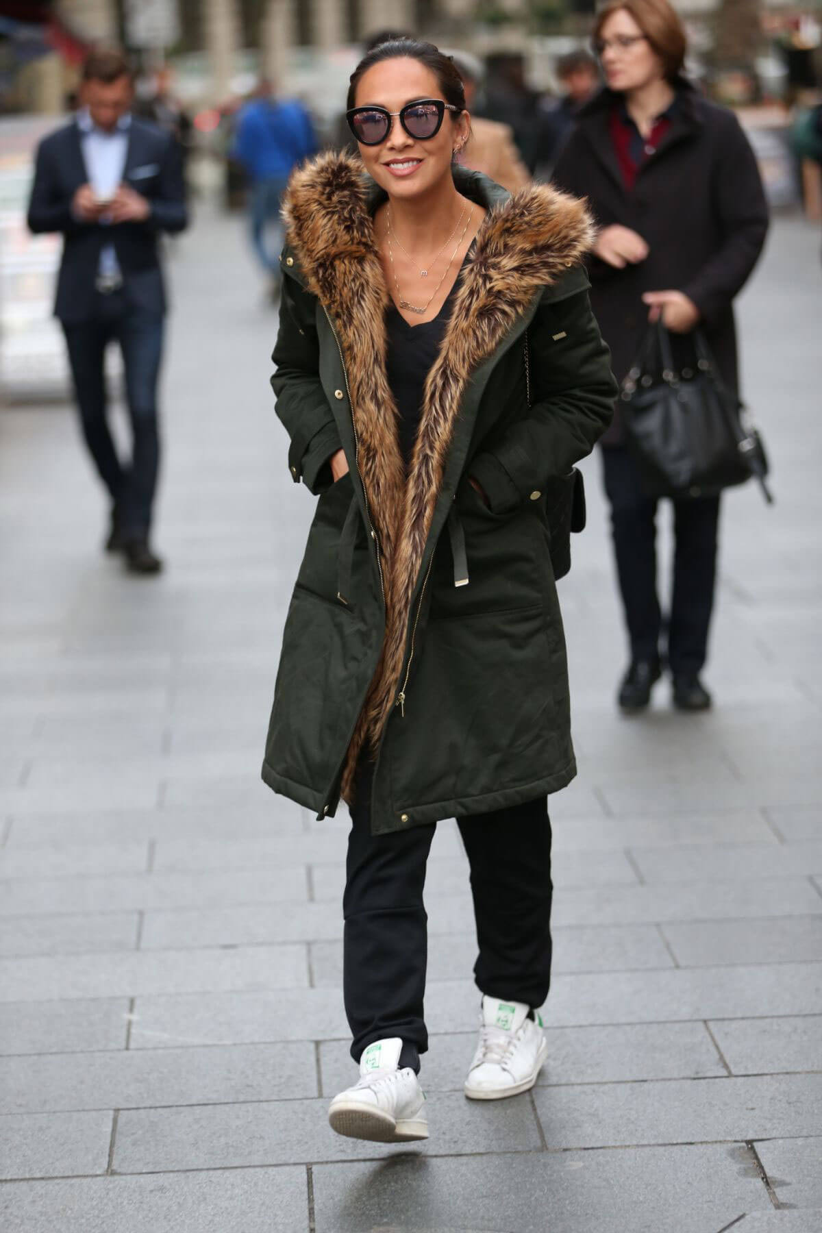 Myleene Klass wears Long Winter Coat at Global Radio in London