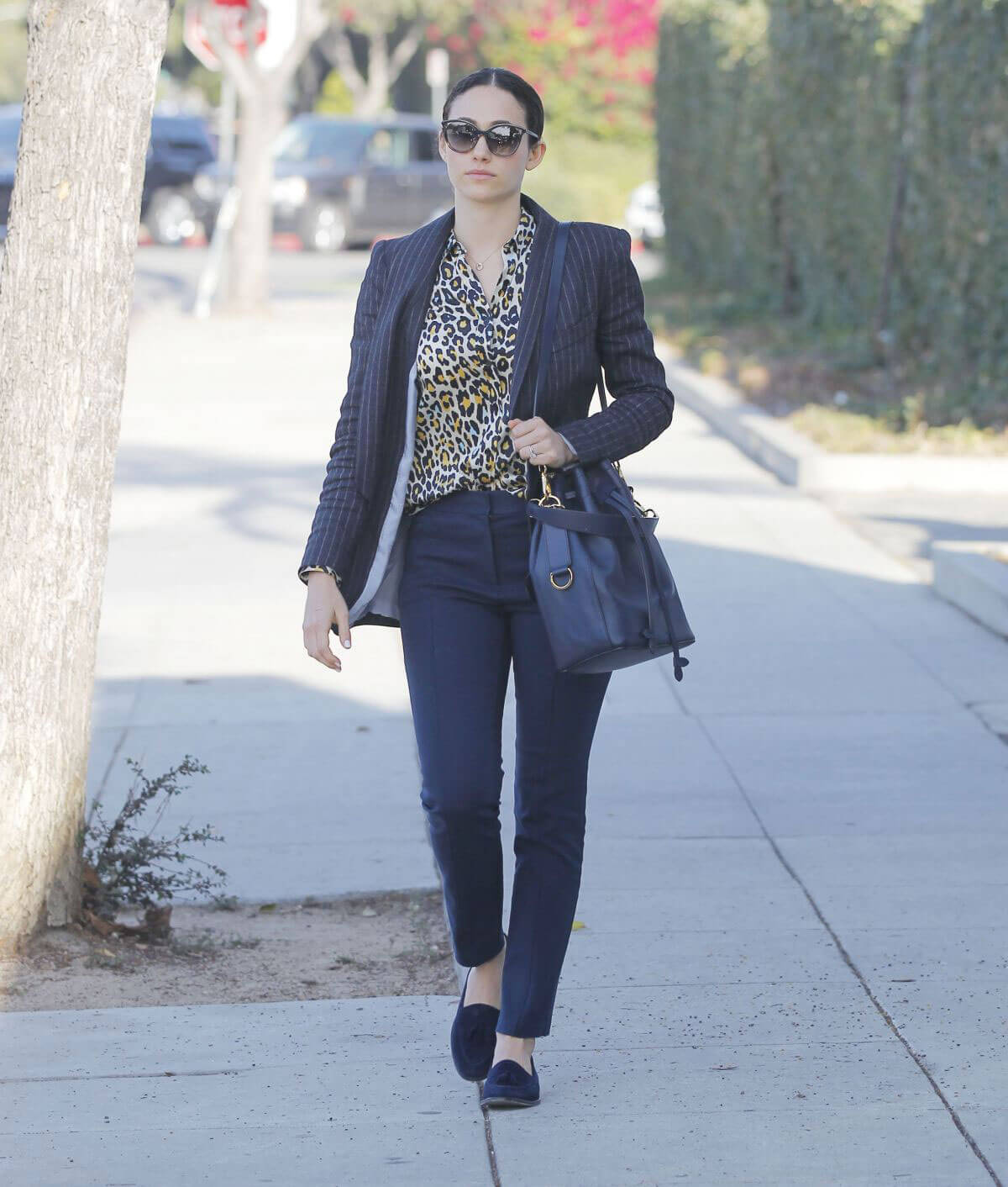 Emmy Rossum in Animal Print Shirt Out Shopping in Beverly Hills