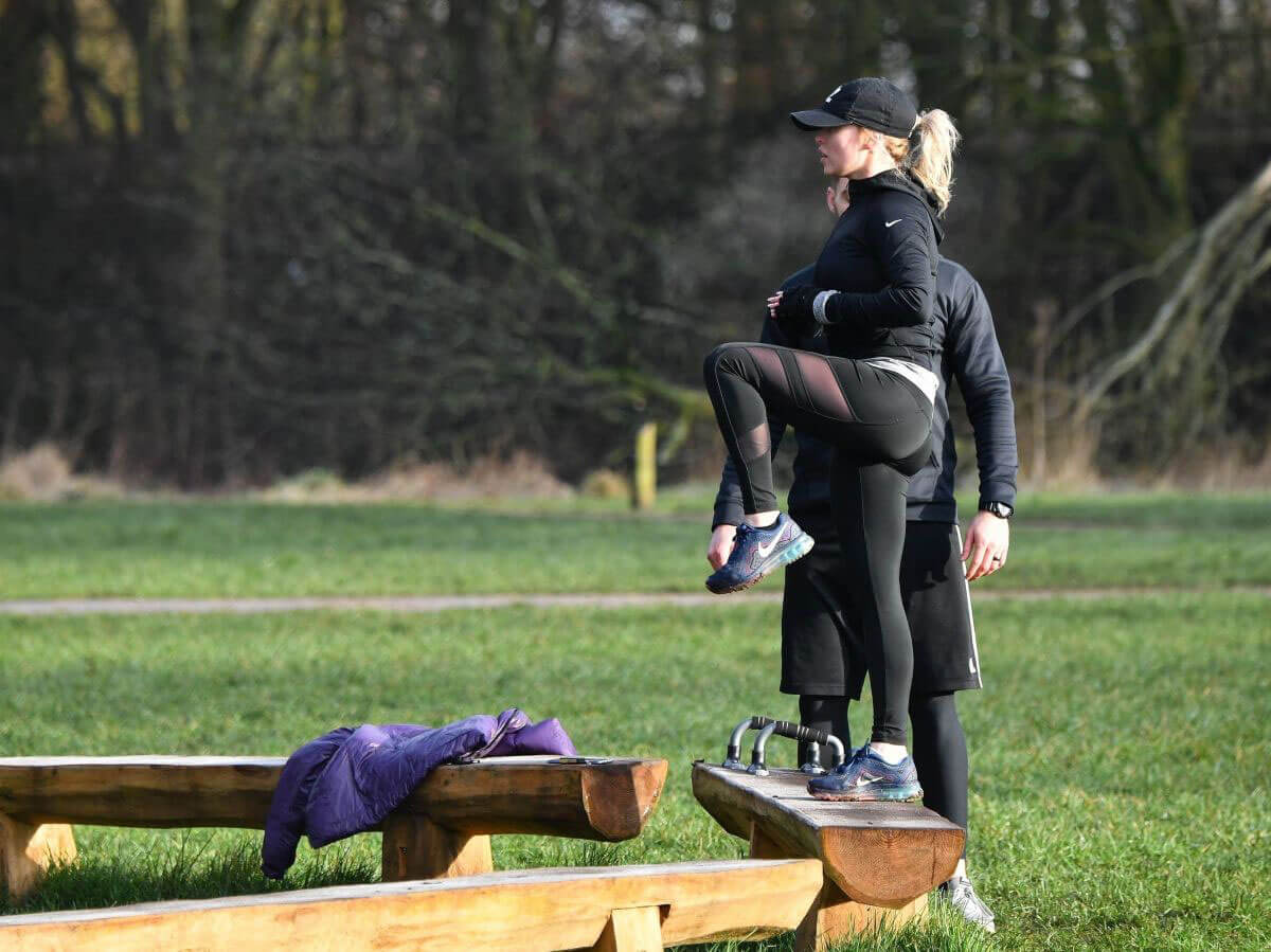 Jorgie Porter Stills Working Out at a Park in Manchester 2018/01/30