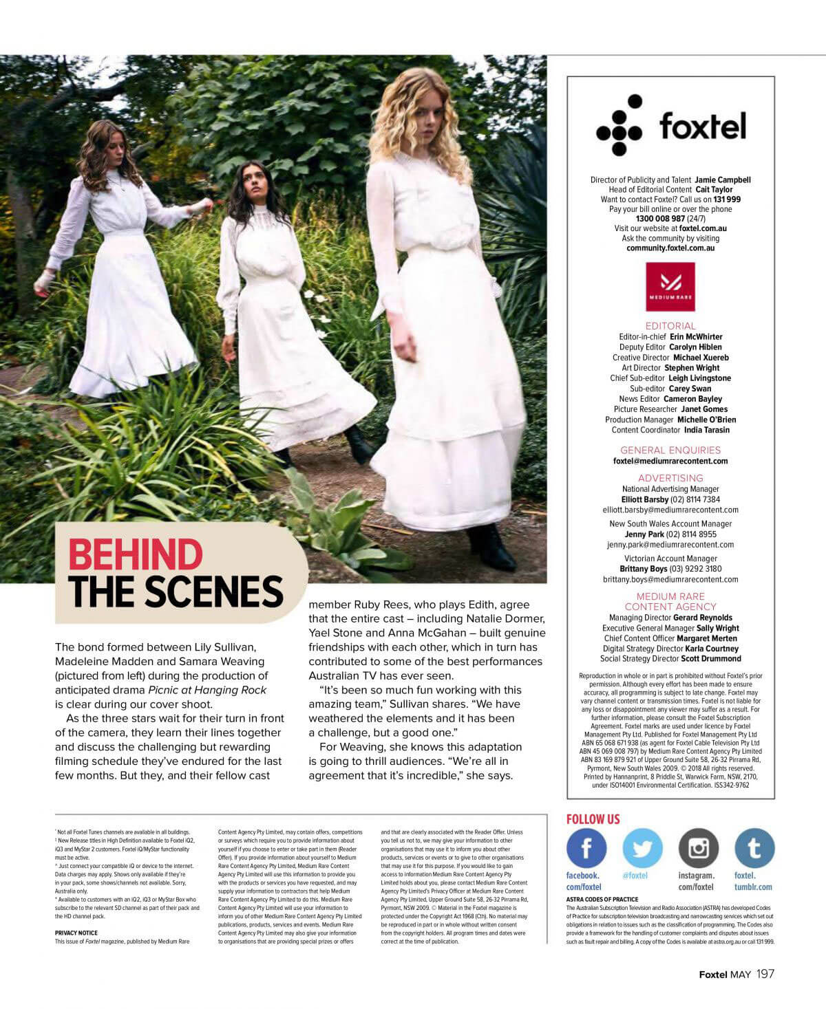 Samara Weaving, Lily Sullivan and Madeleine Madden Stills in Foxtel Magazine, May 2018 Issue