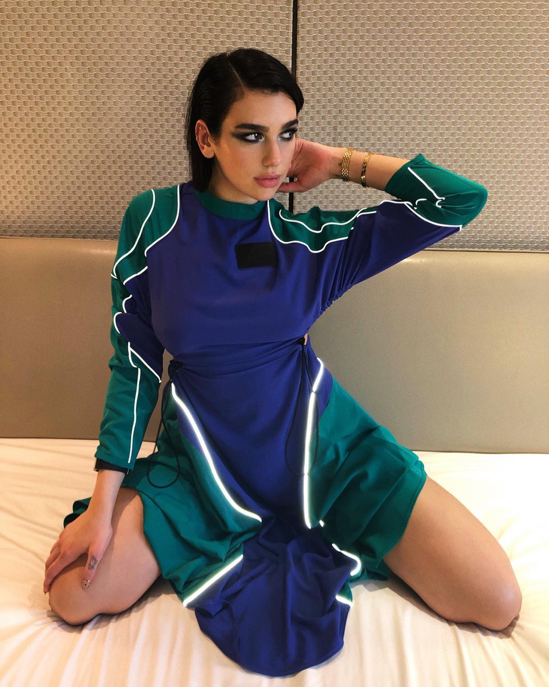 Dua Lipa Photoshoot in Blue and Green High Neck Dress