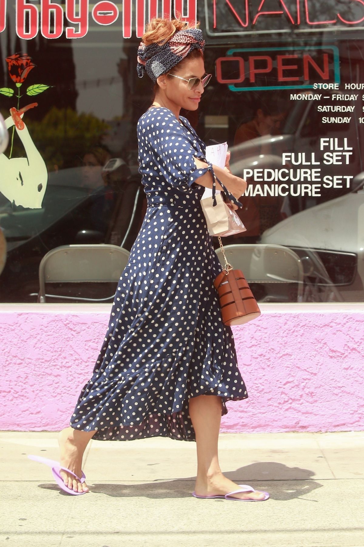 Eva Mendes in Polka Dot Dress Out in Los Angeles 2019/04/26