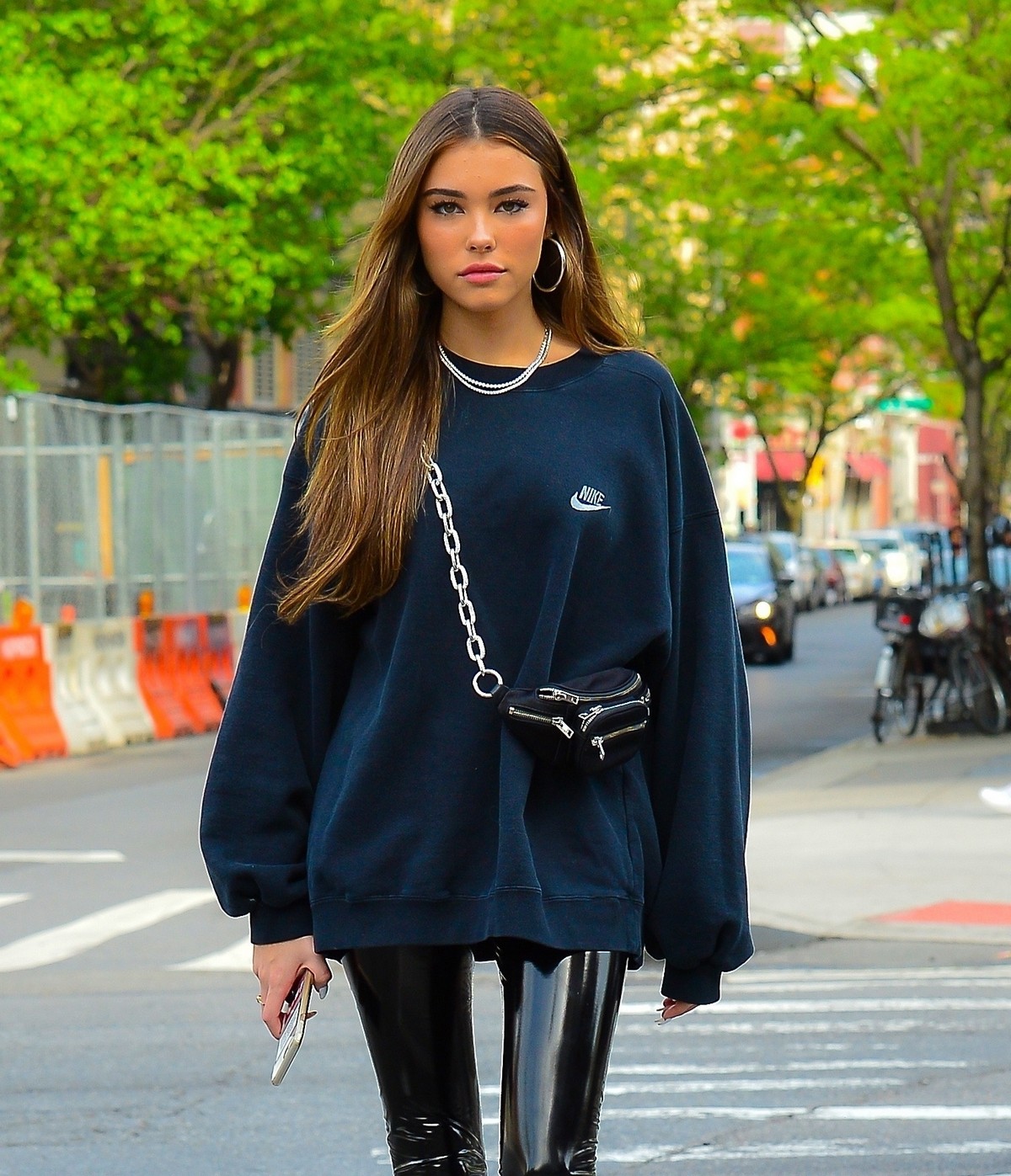 Madison Beer in Oversized Nike Sweatshirt Out in New York 2019/05/10