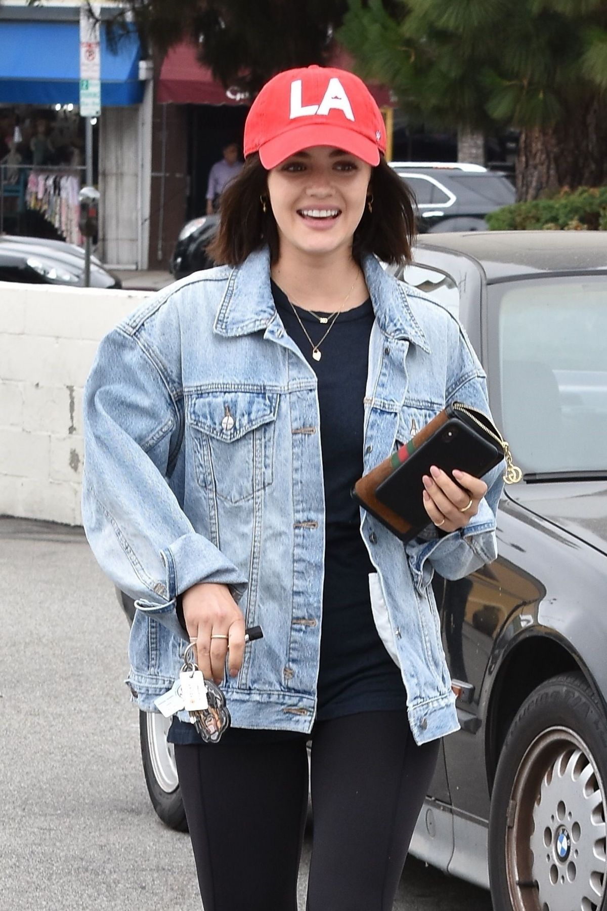 Lucy Hale in Denim Jacket with Jeggings Out for Coffee in Studio City 2019/06/18