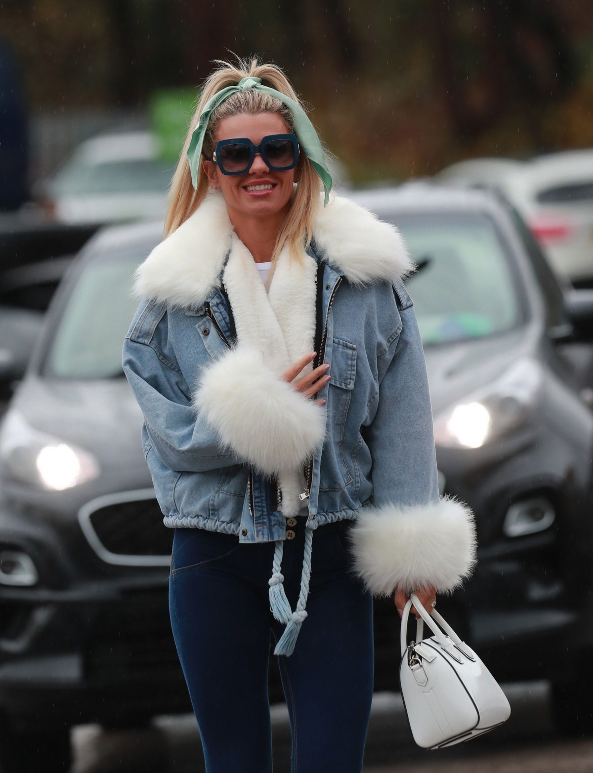 Christine McGuinness in white cozy teddy jacket and tights out in Alderley Edge Cheshire, England 2019/11/28