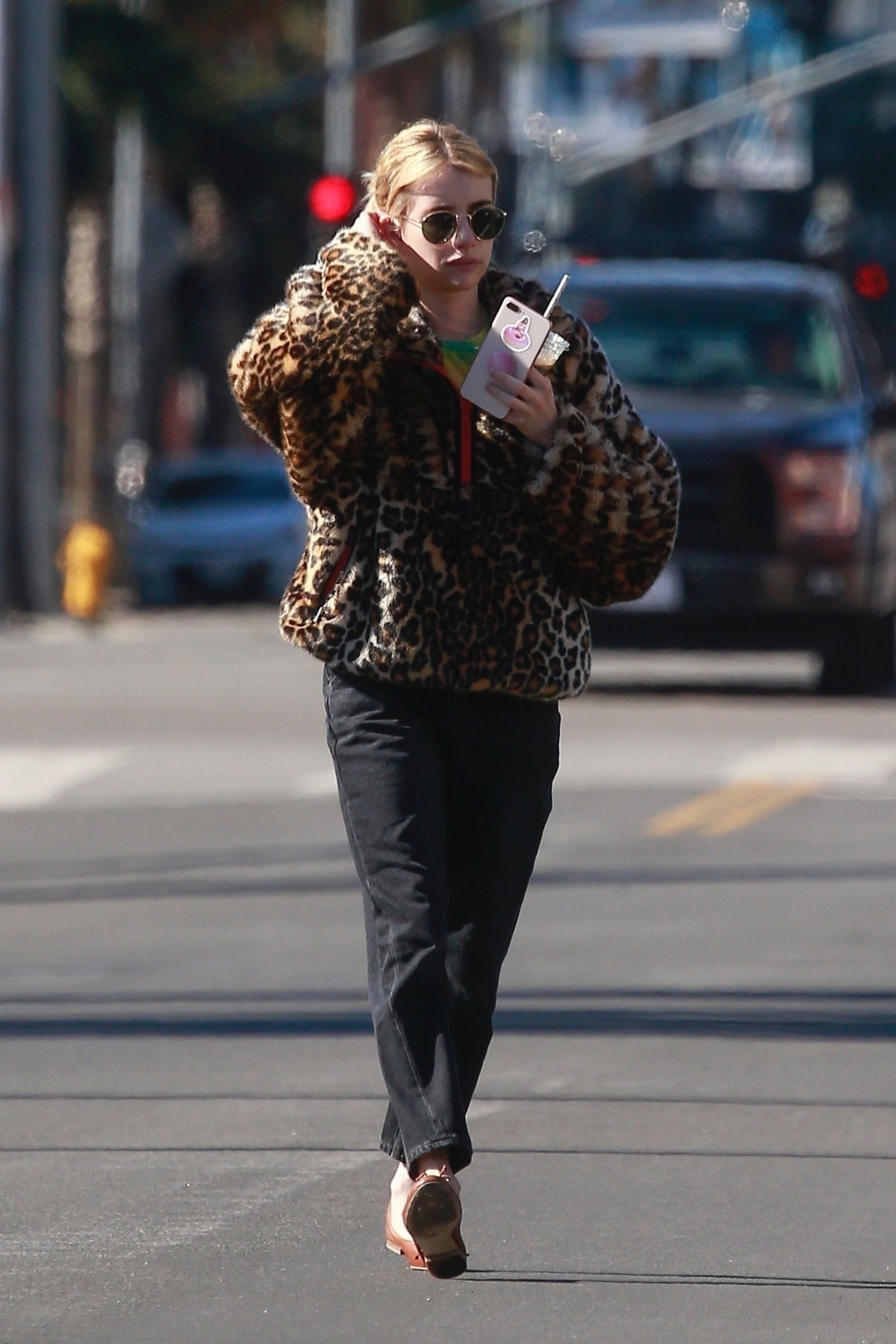 Emma Roberts in Animal Print Jacket with Black Denim out in Los Angeles 2019/11/24