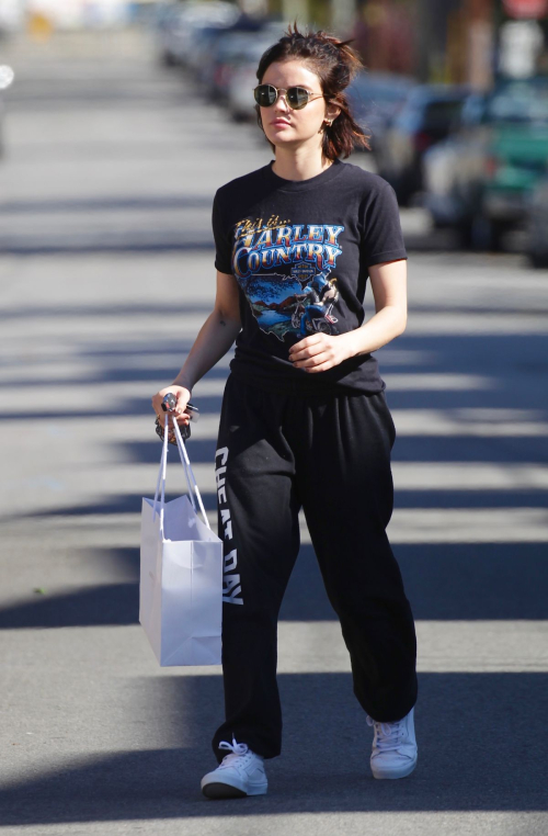 Lucy Hale enjoys a coffee and run an errand early morning in Los Angeles 2020/03/28