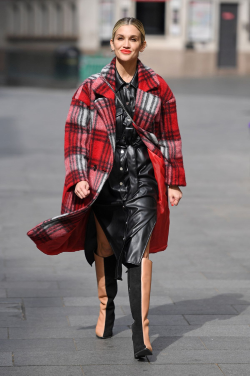 Ashley Roberts seen checked red coat and black leather dress leaves at Global Radio 2020/04/17 2