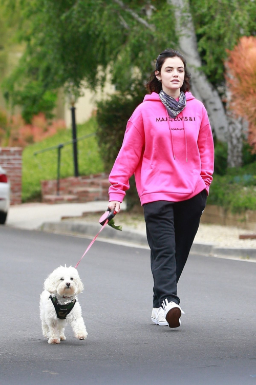 Lucy Hale for a walk on Easter Sunday with her sister and her dog in Studio City 2020/04/12 11