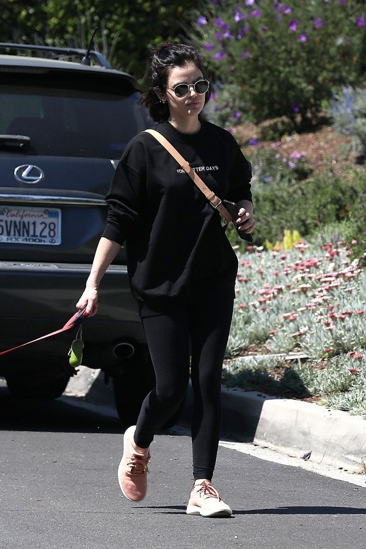 Lucy Hale for a walk with her dog Elvis in Los Angeles 2020/04/01