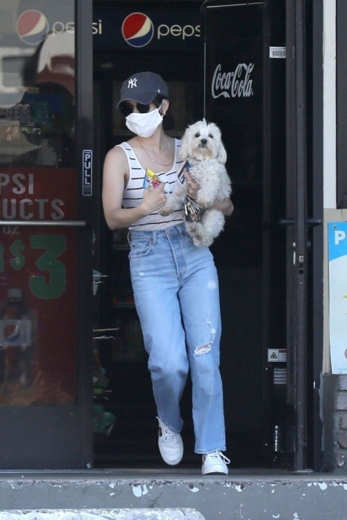 Lucy Hale in lining tank top at the Gas Station in Beverly Hills 2020/04/14 10