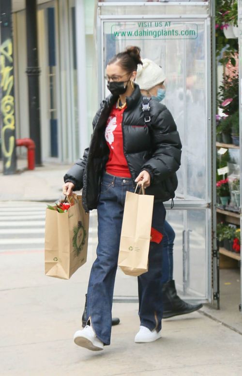 Bella Hadid in Puffer Jacket with Red T-Shirt Out Shopping in New York 12/02/2020 7