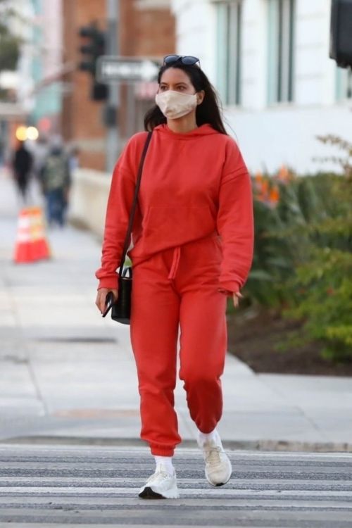 Olivia Munn seen in Red Sweatsuits Set Out and About in Santa Monica 11/24/2020 6