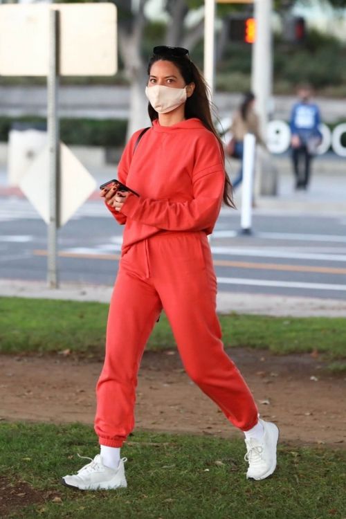 Olivia Munn seen in Red Sweatsuits Set Out and About in Santa Monica 11/24/2020 8