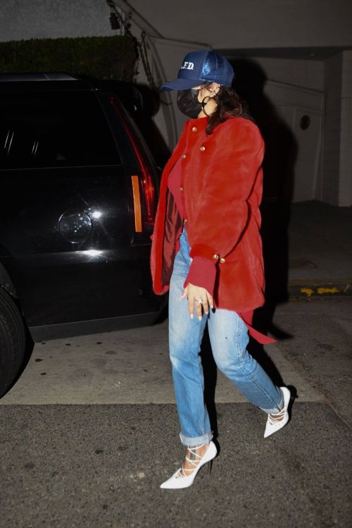 Rihanna seen in Red Velvet Jacket with Jeans Leaves Giorgio Baldi in Santa Monica 11/24/2020