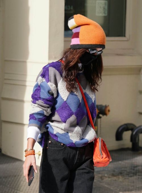 Bella Hadid Leaves Her Apartment in Orange Cap with Check Sweater 02/11/2021 6