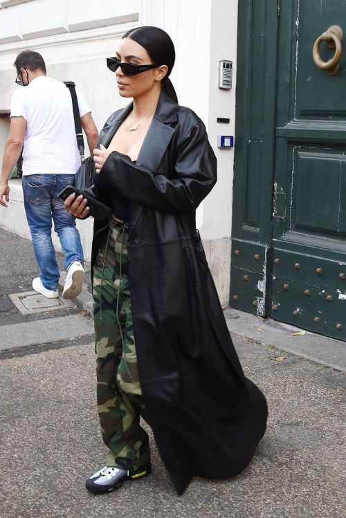 Kim Kardashian seen in Black Leather Coat during leaves her Hotel in Rome 06/30/2021 2