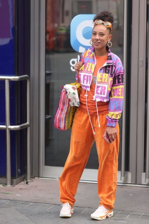 Eliza Rose in Orange Lower with Typography Jacket After Leaves Heart Radio in London 4