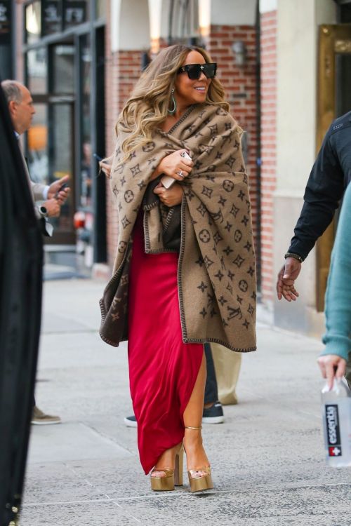Mariah Carey wears Red Gown with Brown Shawl Day Out in New York