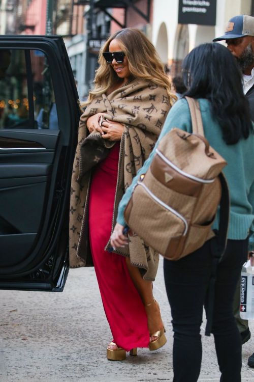 Mariah Carey wears Red Gown with Brown Shawl Day Out in New York 3