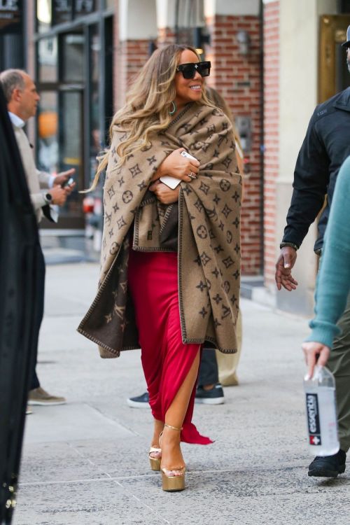 Mariah Carey wears Red Gown with Brown Shawl Day Out in New York 5