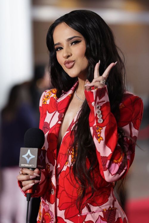 Becky G seen in Red Floral Suit at 2022 Estrella Tv Premios de la Radio in Mexico City 1