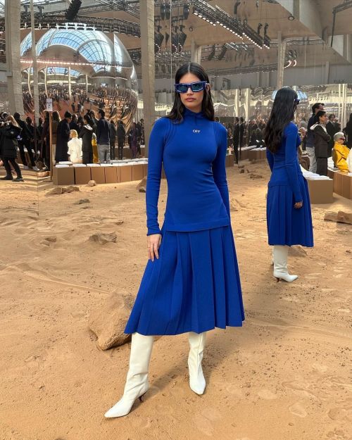 Sara Sampaio promotes Off-White Blue Dress and White Boots at Paris, Mar 2023