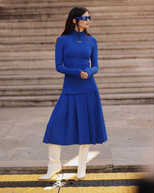 Sara Sampaio promotes Off-White Blue Dress and White Boots at Paris, Mar 2023 3