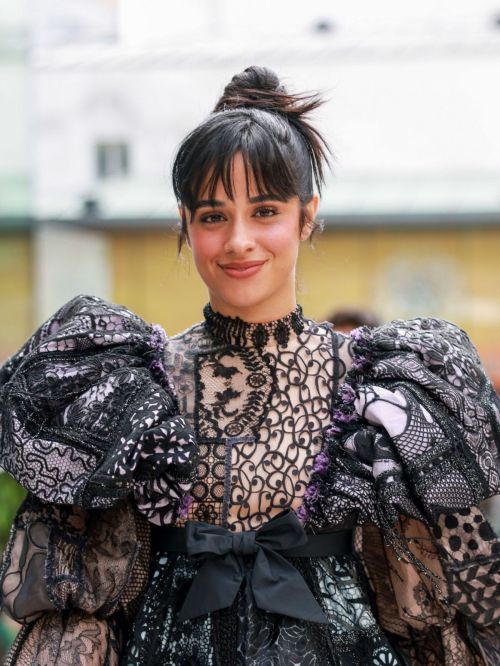 Camila Cabello Turns Heads in Black Frill Shoulder Dress at Paris Fashion Week