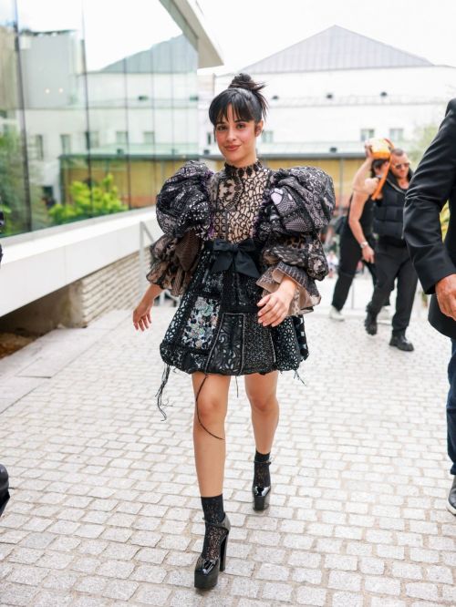 Camila Cabello Turns Heads in Black Frill Shoulder Dress at Paris Fashion Week 1