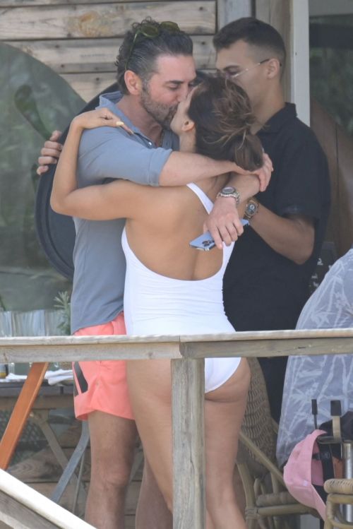 Eva Longoria in a White Swimsuit at a Beach in Marbella 2