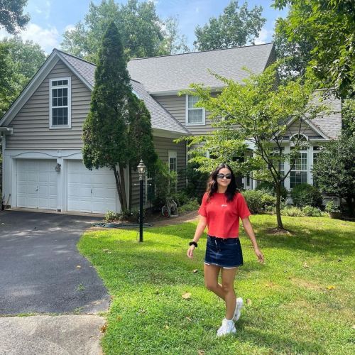 Camila Mendes Rocks Red Tshirt and Denim Skirt in Latest Photos