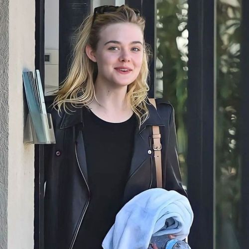 Elle Fanning Edgy Look with Black Top and Leather Jacket on Instagram 1