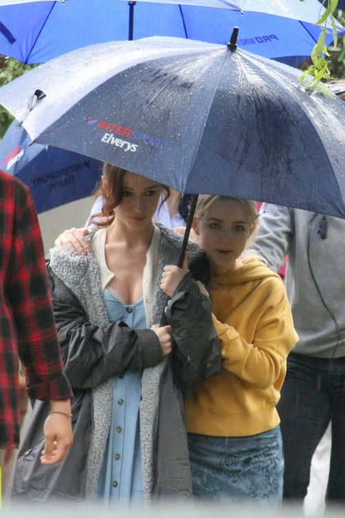 Phoebe Dynevor, McKenna Grace, and Madeleine Brewer on Set