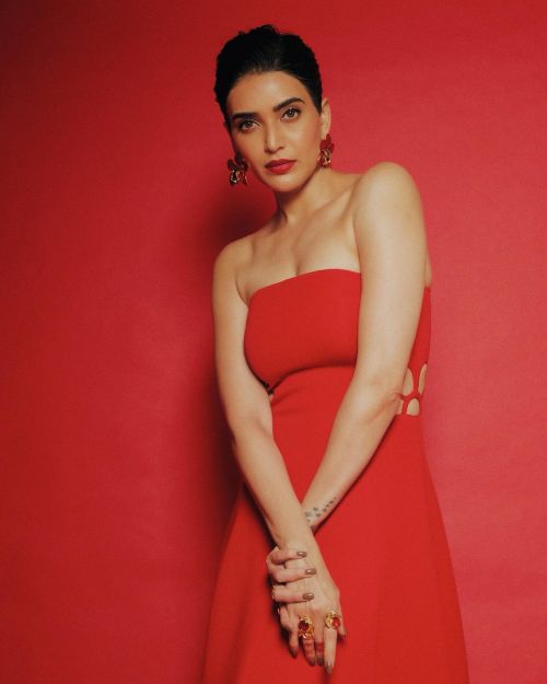 Karishma Tanna in Ozeqo Red Off-Shoulder Dress 1