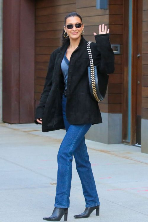Bella Hadid in Blue V-Neck and Stella McCartney Bag in NYC 2