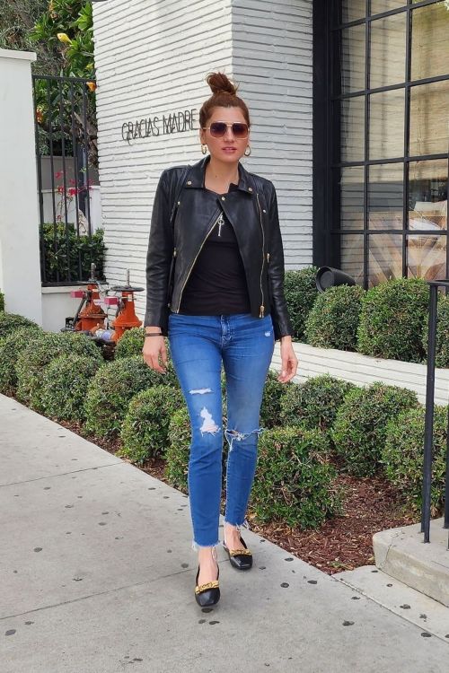 Blanca Blanco in black leather jacket at Gracias Madre