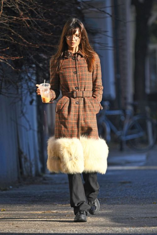 Emily Ratajkowski Coffee Outing in Trendy Checked Overcoat