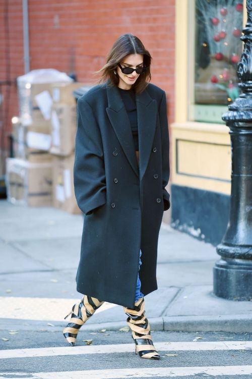 Emily Ratajkowski in Green Overcoat and Blue Denim Outfit in NYC