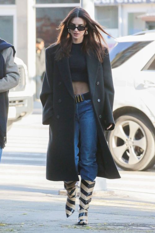 Emily Ratajkowski in Green Overcoat and Blue Denim Outfit in NYC 1